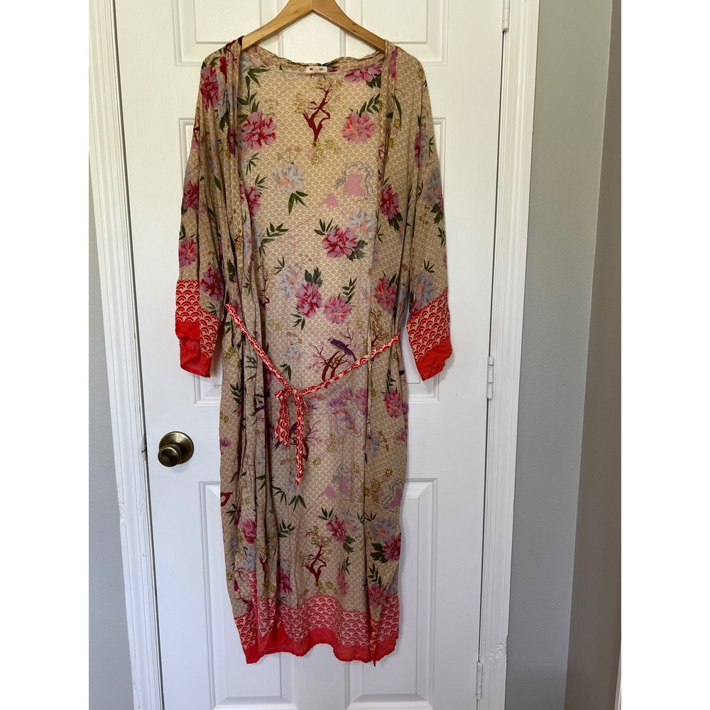 World Market Floral Kimono Robe One Size Pink Tan Bird Print Robe with Belt